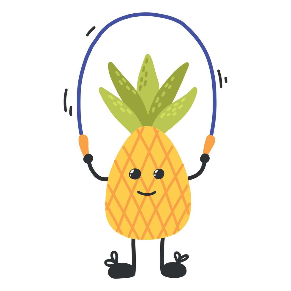 Cute pineapple jump rope. Sports, hobbies, exercise. Vector pineapple in kawaii style. Sports healthy pineapple. The concept of doing sports.Pineapple character.