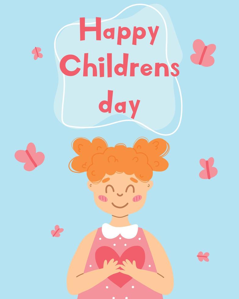 World Children's Day. Poster with a cute girl and a heart in her hands. Vector illustration. Greeting card for children's day.Cartoon style.