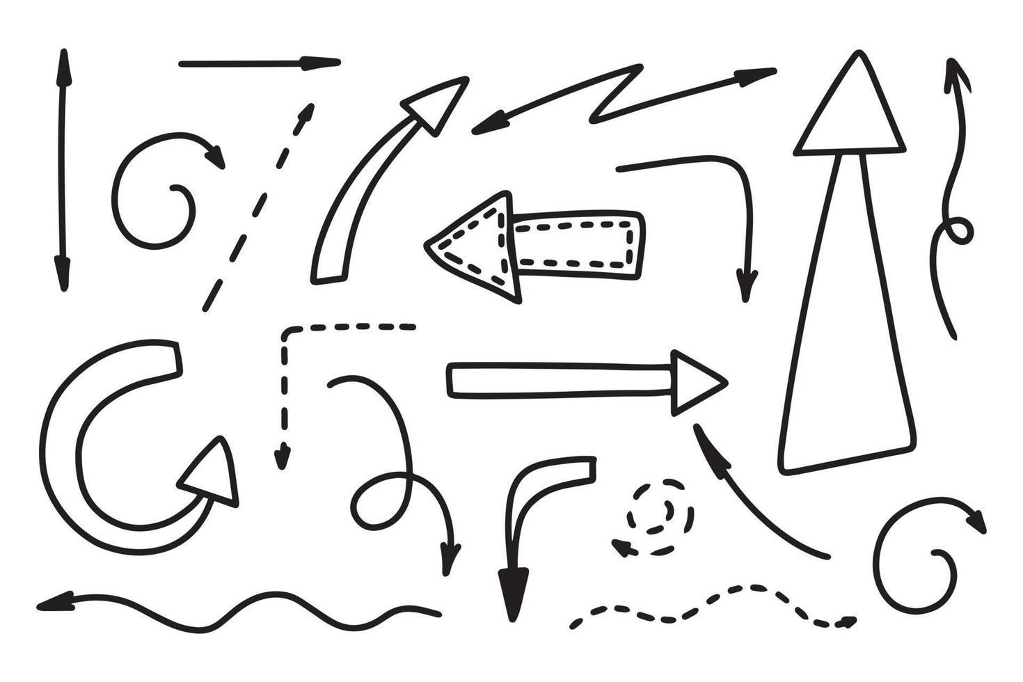 Set of hand drawn arrows. Collection of arrows in doodle style. Vector illustration. Pointers.