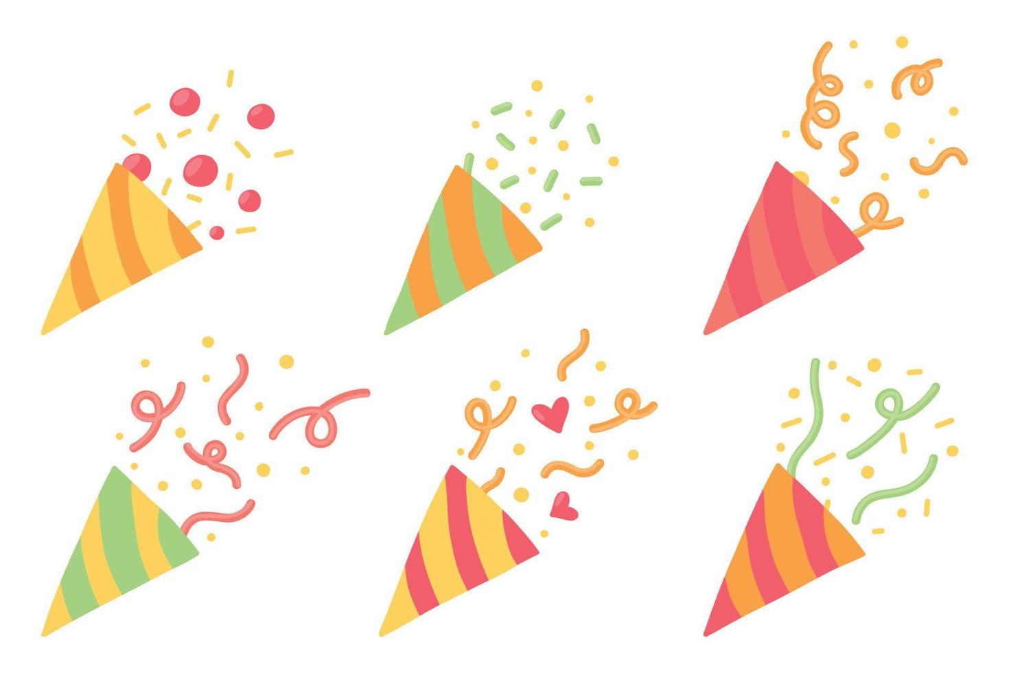 Set of popper confetti. confetti isolated, explosion, fireworks, holiday. vector drawing. hand drawn style. Cartoon style.