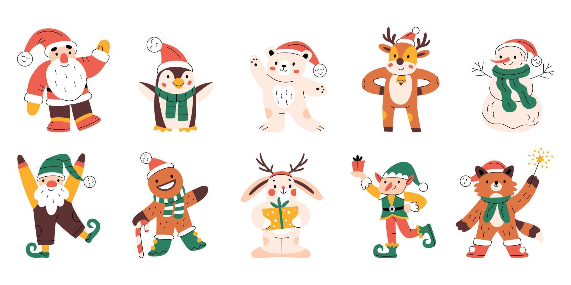 conjunto de lindos y divertidos personajes navideños. santa claus, muñeco de nieve, oso, reno, gnomo, duende. coloridos símbolos de año nuevo. juguetes y decoración navideña. ilustración aislada dibujada a mano plana minimalista vector