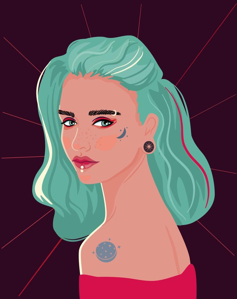 retrato femenino detallado. mujer joven inconformista con pelo verde, maquillaje funky y piercings. bruja de los tiempos modernos. vector