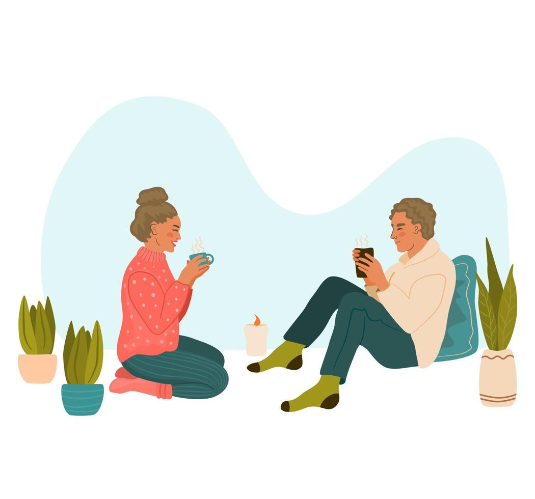 hombre y mujer bebiendo bebidas calientes, hablando y pasando tiempo juntos. concepto de estilo de vida hygge. acogedora cita romántica de invierno en casa. vector