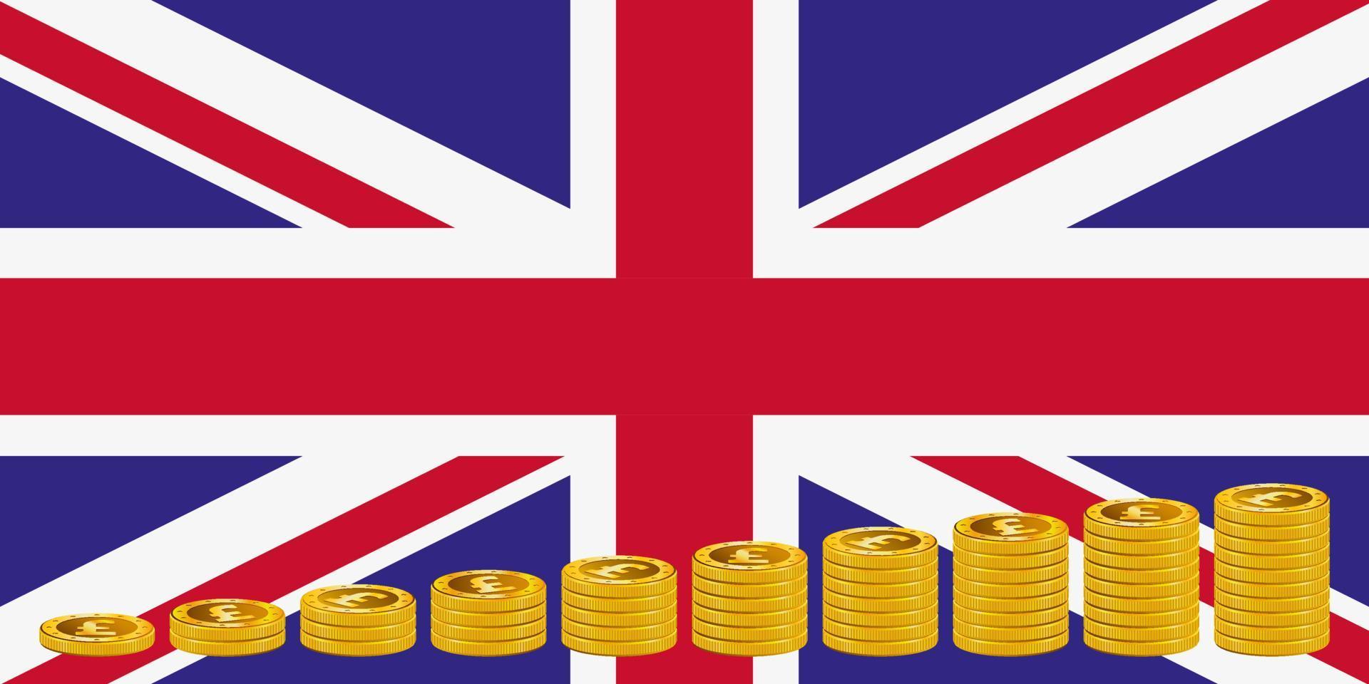 montones de monedas de libra dorada en el fondo de la bandera del Reino Unido. vector