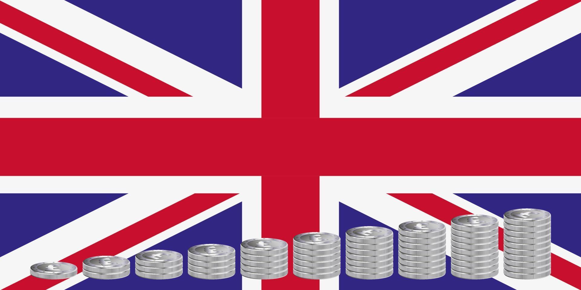 Stacks of silver pound coins on the background of the UK flag. vector