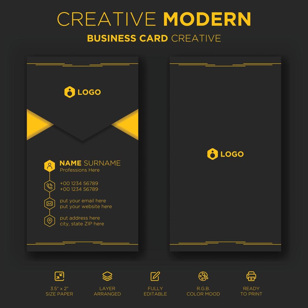 Vertical business card print template. Personal business card with company logo. Black and yellow colors. Clean flat design. Vector business card illustration. Business card mockup