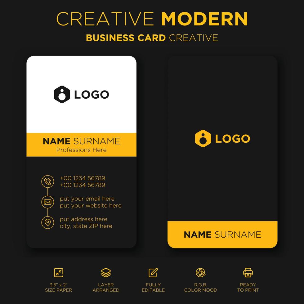 Vertical business card print template. Personal business card with company logo. Black and yellow colors. Clean flat design. Vector business card illustration. Business card mockup