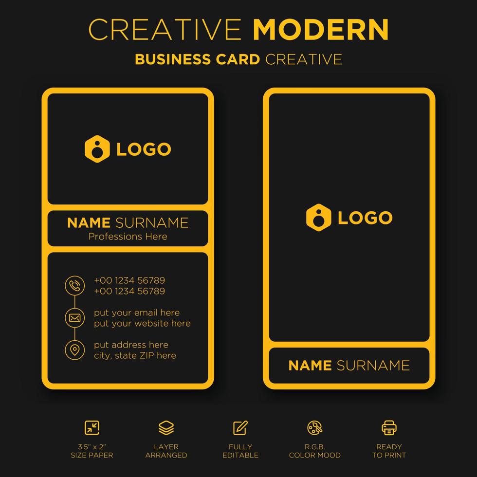 plantilla de impresión de tarjeta de visita vertical. tarjeta de visita personal con el logo de la empresa. colores negro y amarillo. diseño plano limpio. ilustración de tarjeta de visita vectorial. maqueta de tarjeta de visita vector