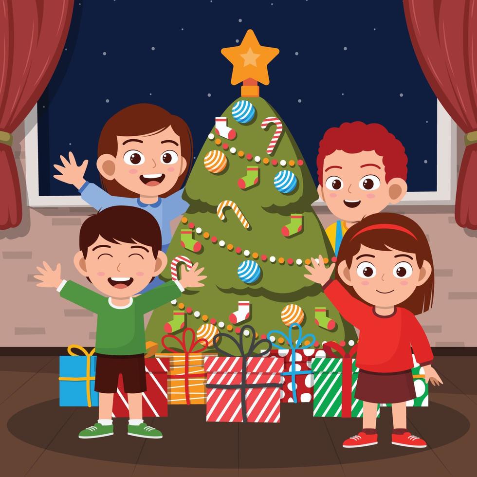 niños felices con árbol de navidad y regalo vector