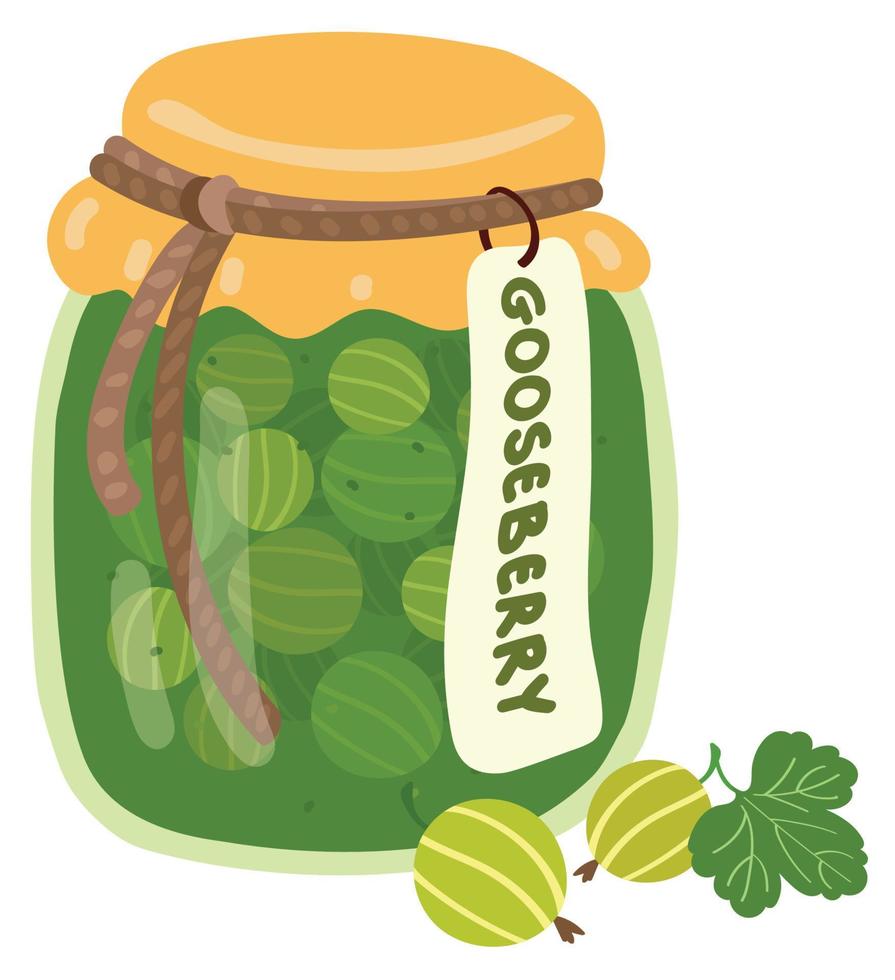 Gooseberry jam in a jar with the inscription. Hand drawn vector illustration. Suitable for website, stickers, gift cards.