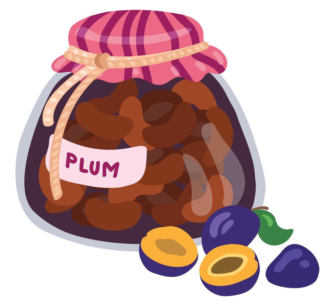 Plum jam in a jar with the inscription. Hand drawn vector illustration. Suitable for website, stickers, gift cards.