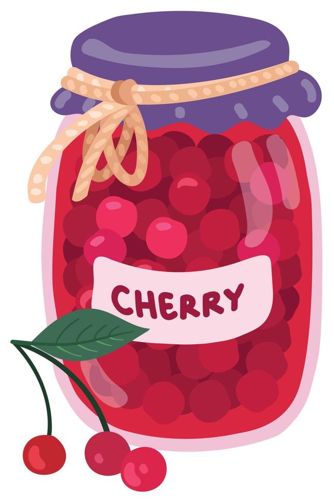 Cherry jam in a jar with the inscription. Hand drawn vector illustration. Suitable for website, stickers, gift cards.