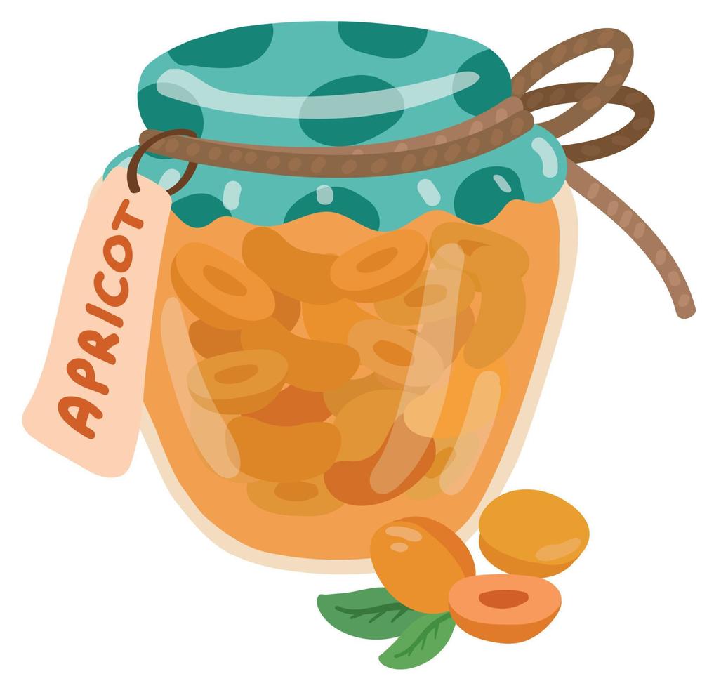 Apricot jam in a jar with the inscription. Hand drawn vector illustration. Suitable for website, stickers, gift cards.