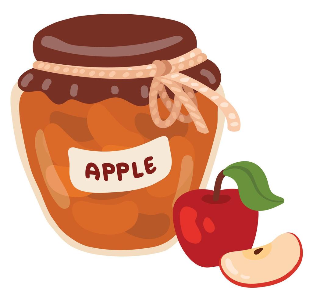 Apple jam in a jar with the inscription. Hand drawn vector illustration. Suitable for website, stickers, gift cards.