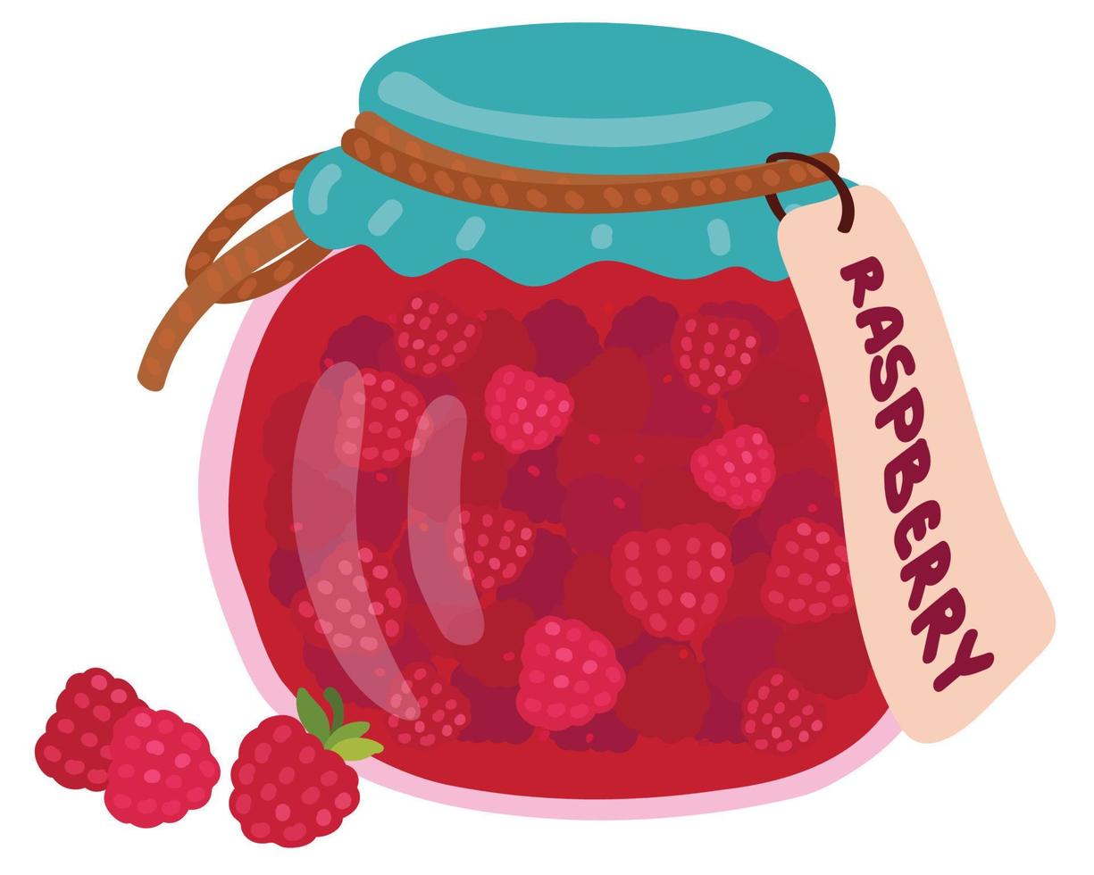 Raspberry jam in a jar with the inscription. Hand drawn vector illustration. Suitable for website, stickers, gift cards.
