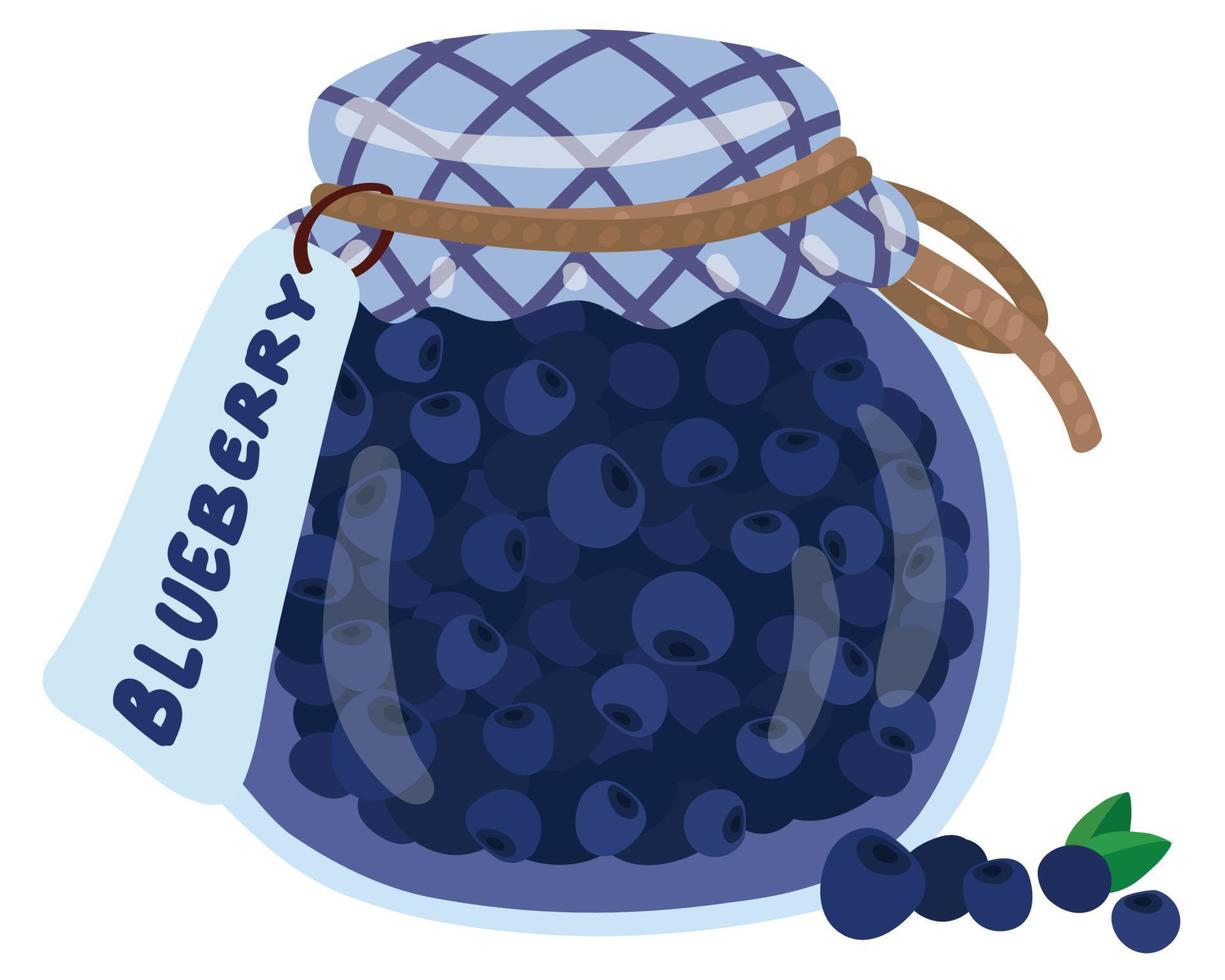 Blueberry jam in a jar with the inscription. Hand drawn vector illustration. Suitable for website, stickers, gift cards.