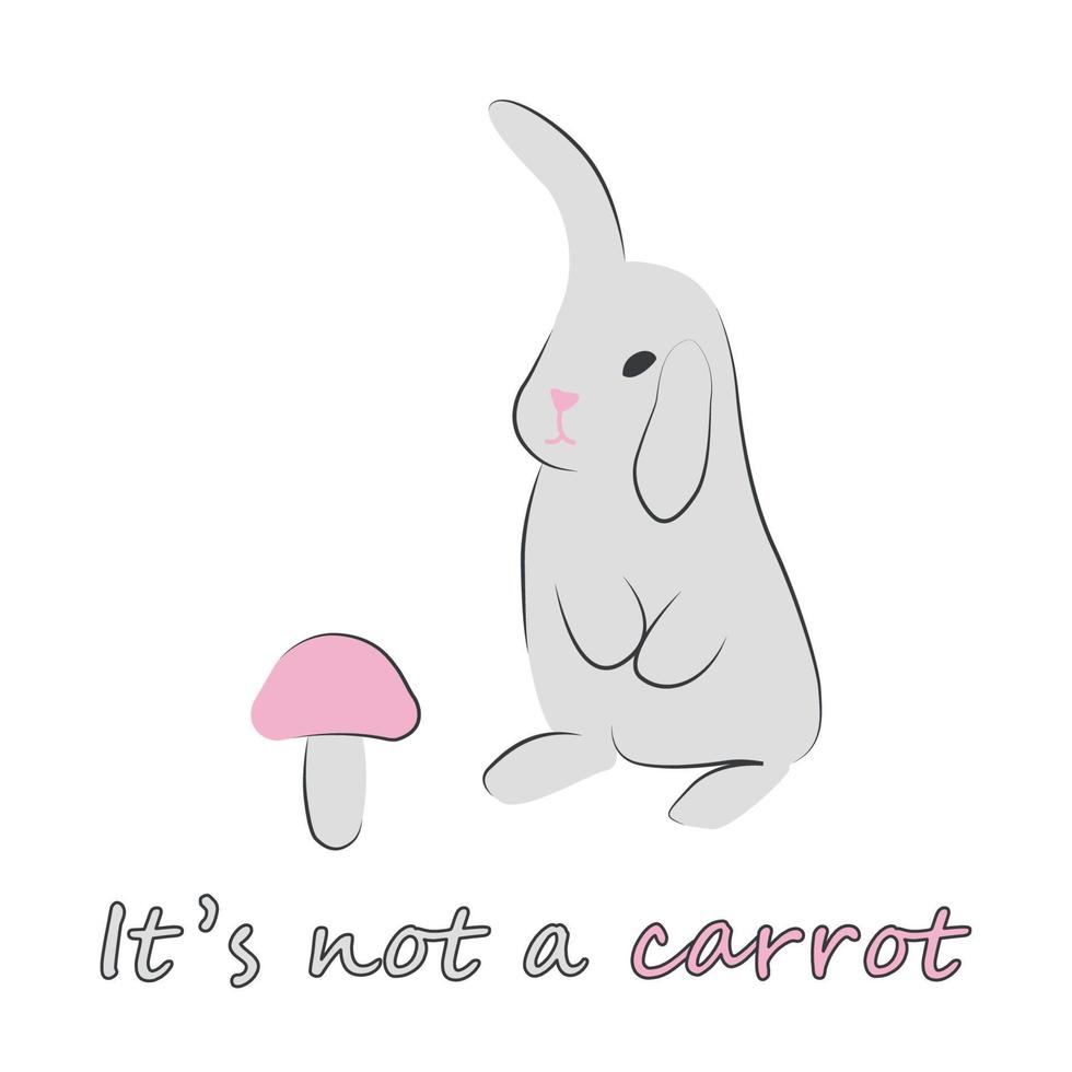 Cute grey rabbit looking at pink mushroom vector