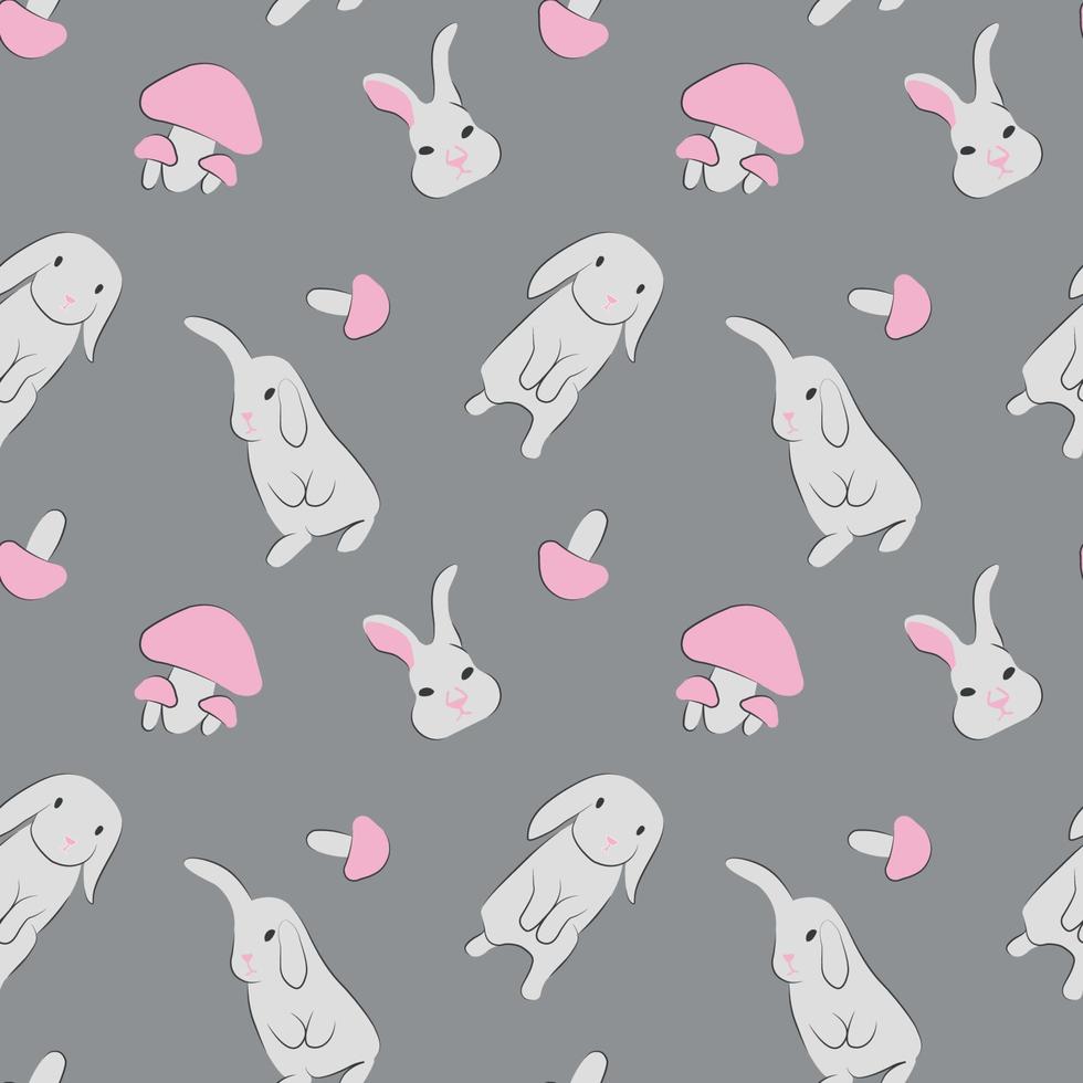 Seamless pattern with cute white rabbit and pink mushrooms vector