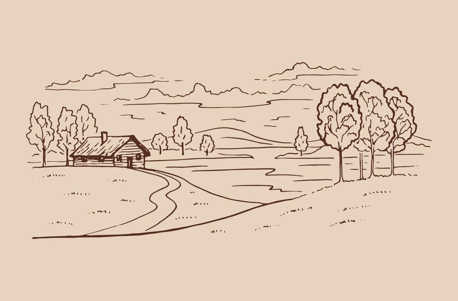 paisaje rural con camino y árbol. ilustración dibujada a mano convertida en vector. vector