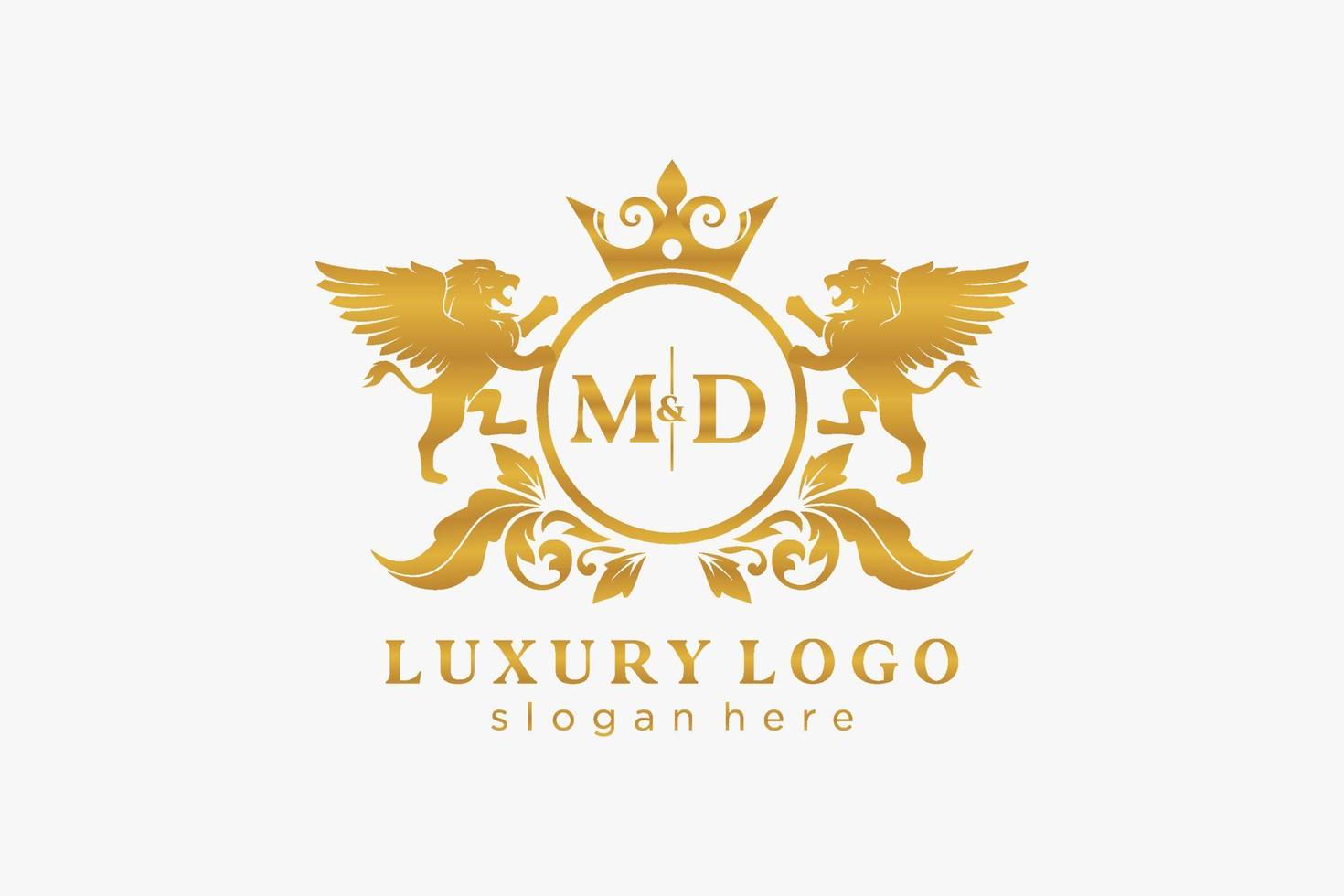 Initial MD Letter Lion Royal Luxury Logo template in vector art for Restaurant, Royalty, Boutique, Cafe, Hotel, Heraldic, Jewelry, Fashion and other vector illustration.