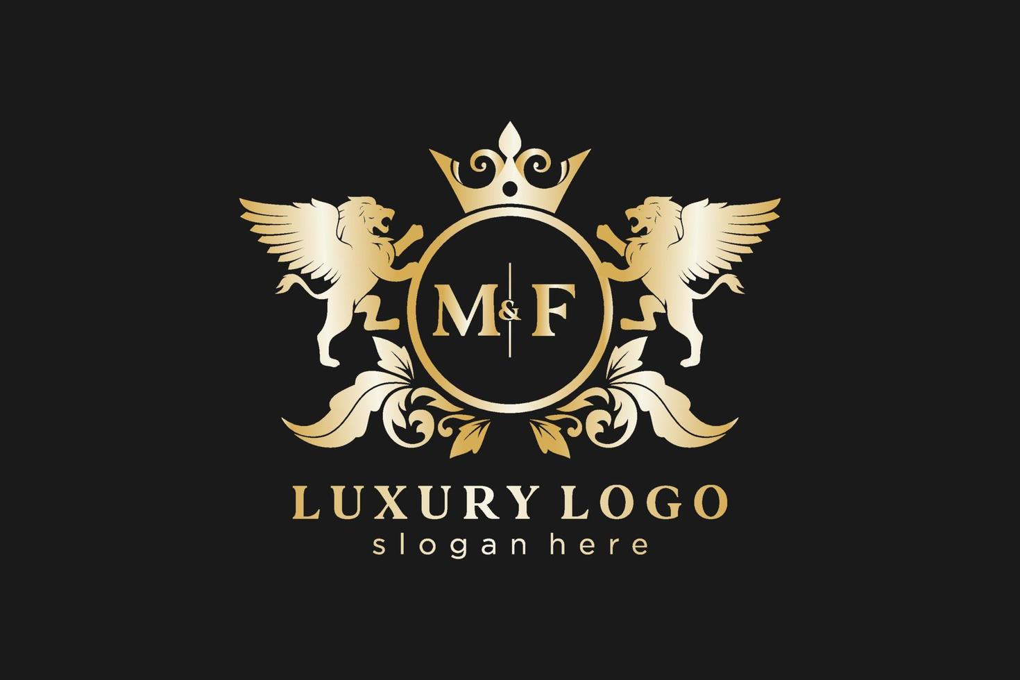 Initial MF Letter Lion Royal Luxury Logo template in vector art for Restaurant, Royalty, Boutique, Cafe, Hotel, Heraldic, Jewelry, Fashion and other vector illustration.