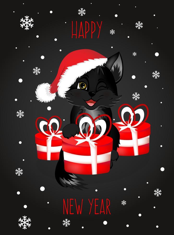 postal de saludo. feliz año nuevo y feliz navidad con gato negro y cajas de regalos rojas. vector