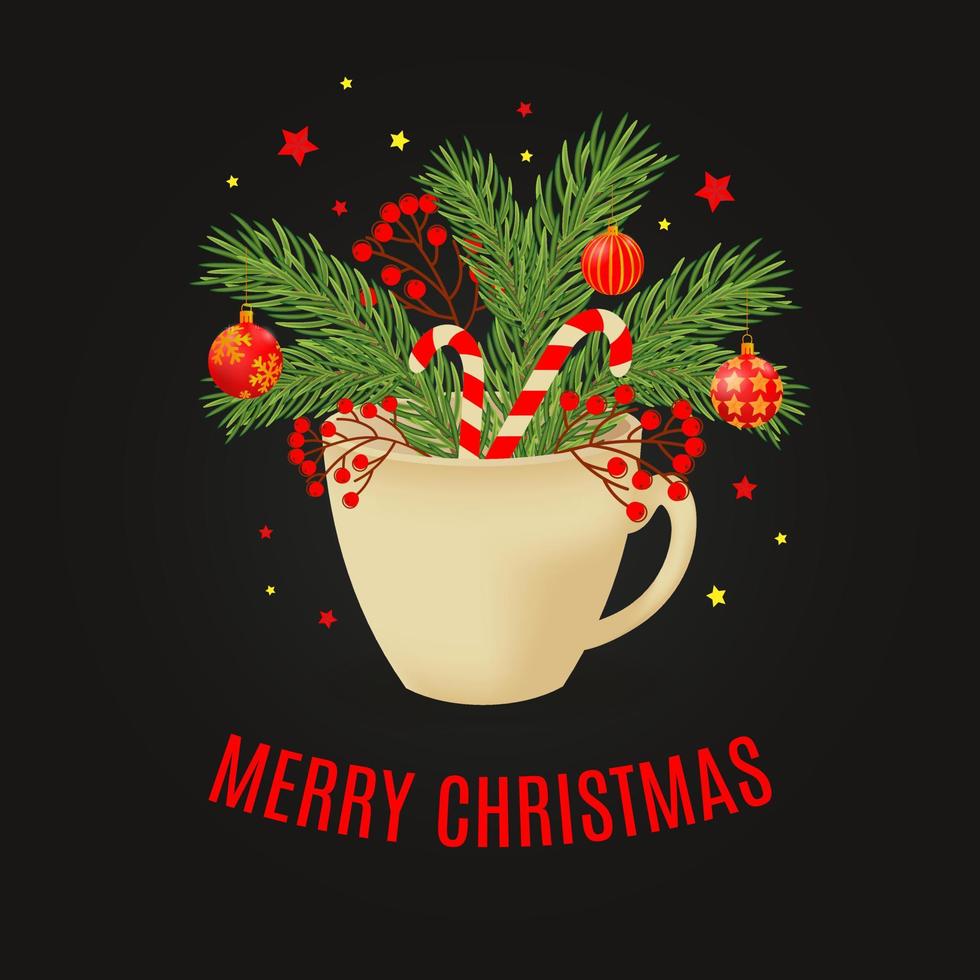 postal con árbol de navidad y bolas en copa. vector
