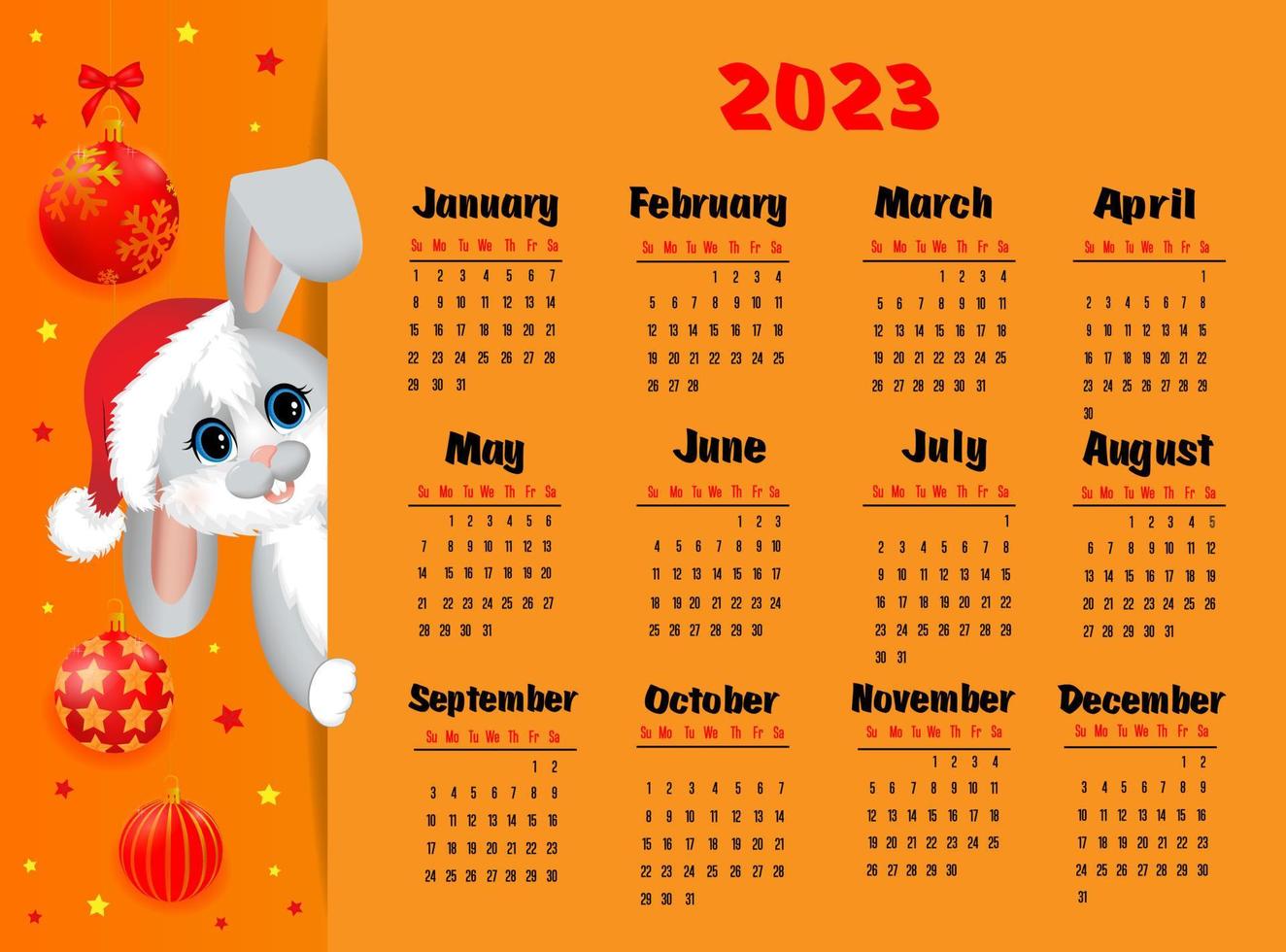 calendario 2023 con símbolo del año liebre o conejo. linda liebre o conejo sentado en un sombrero de navidad. semana comienza el domingo. vector