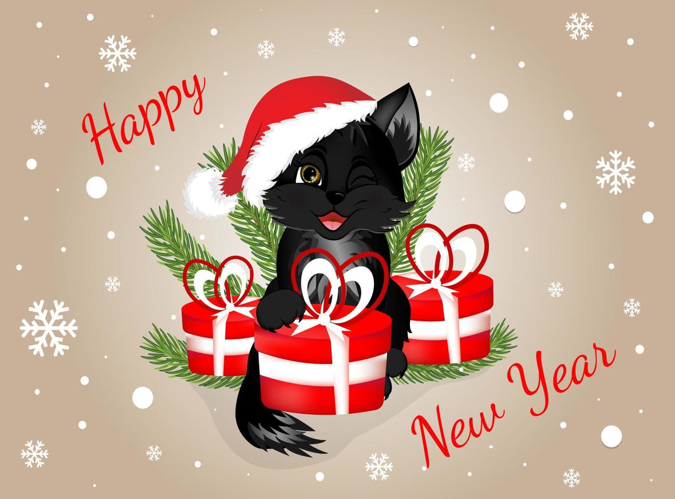 postal de saludo. feliz año nuevo y feliz navidad con gato negro y cajas de regalos rojas. vector