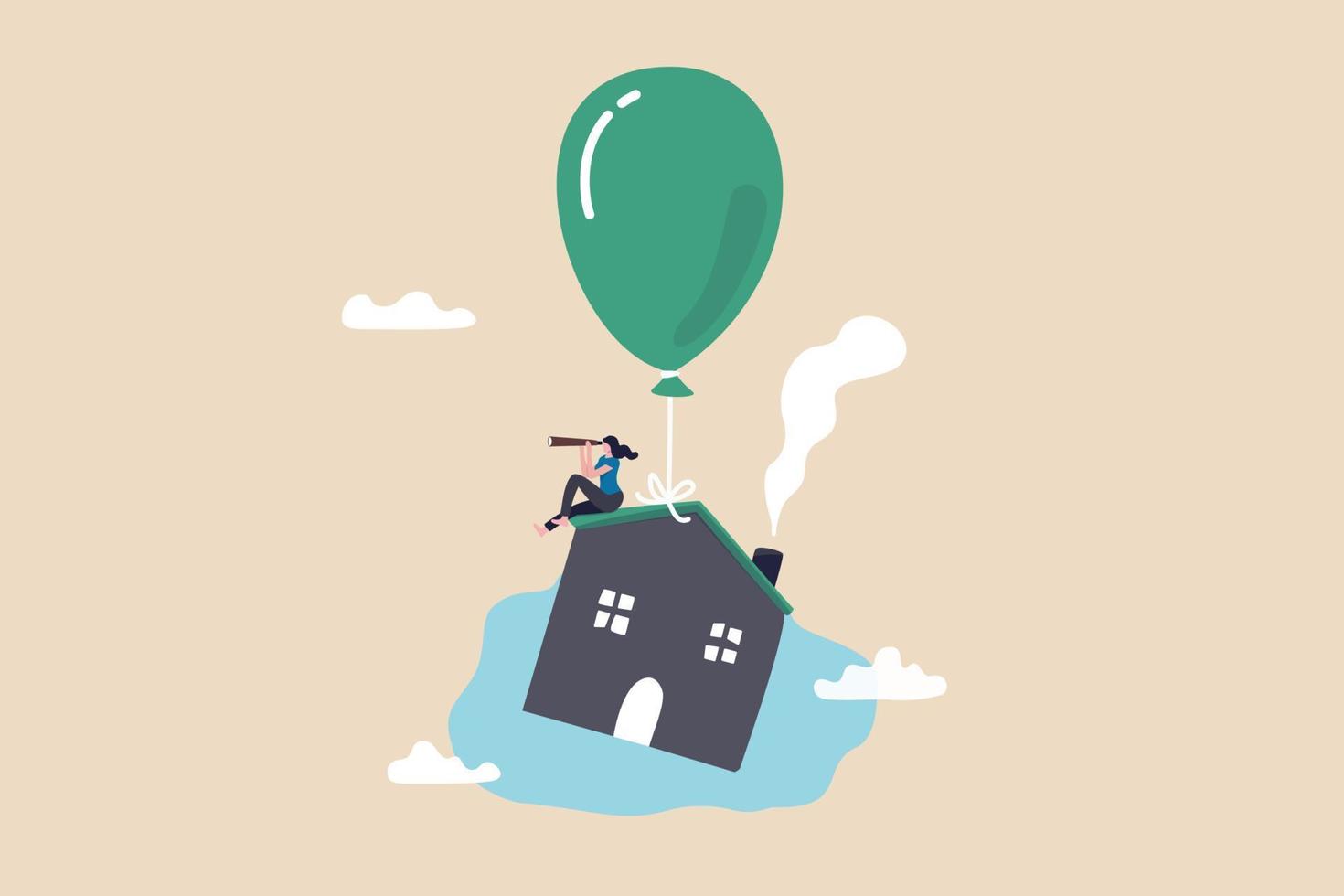 House mortgage interest rate rising up, home loan impact from inflation, real estate price bubble or housing investment opportunity concept, home owner with telescope on flying house with balloon. vector