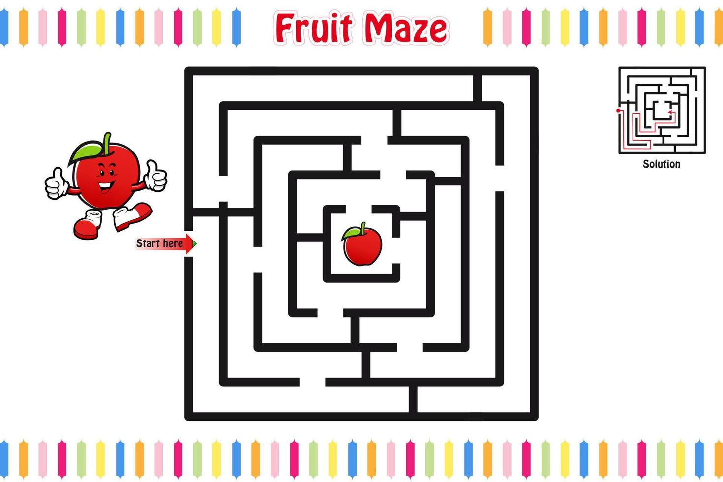 Maze puzzle, Educational maze for children with Fruits, Labyrinth for kids, isolated vector illustration, Mascot cartoon style, Fruits caracters