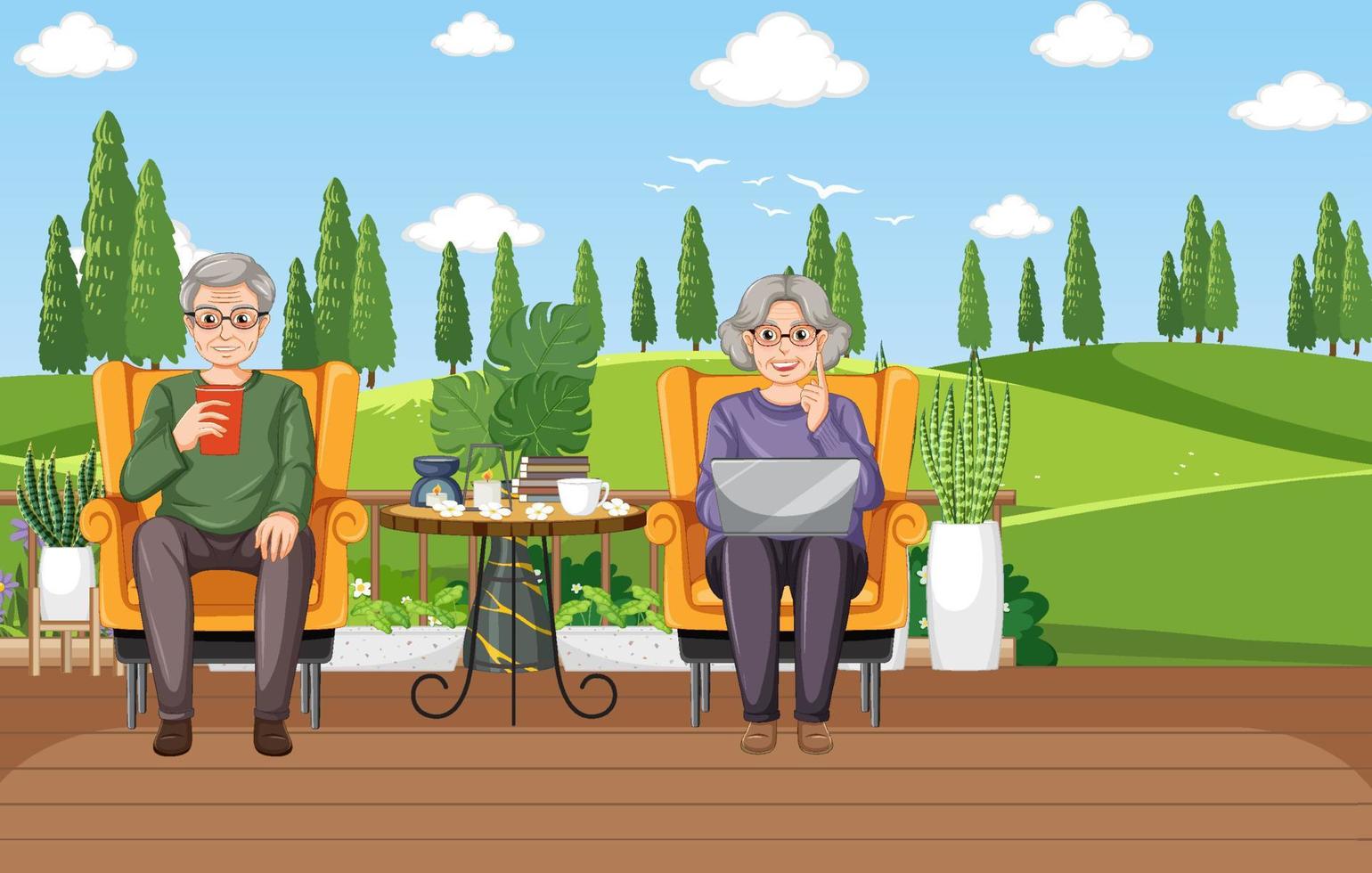 Senior couple relaxing in nature scene vector