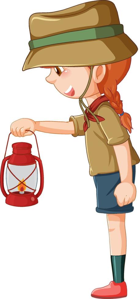 Camping girl holding gas lantern vector