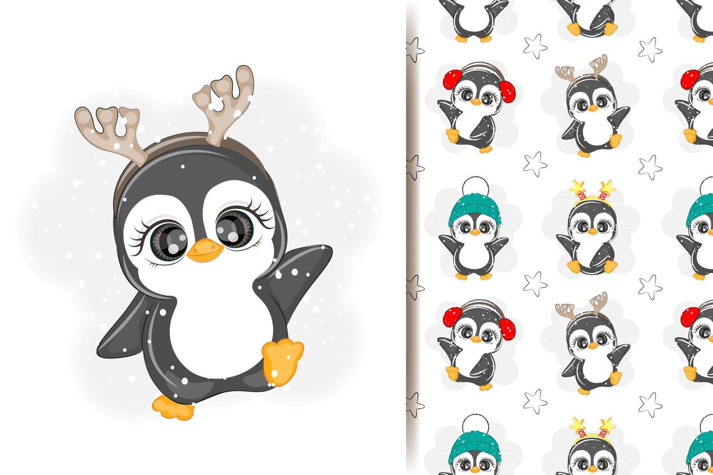 Seamless pattern with penguins for Christmas, vector illustration