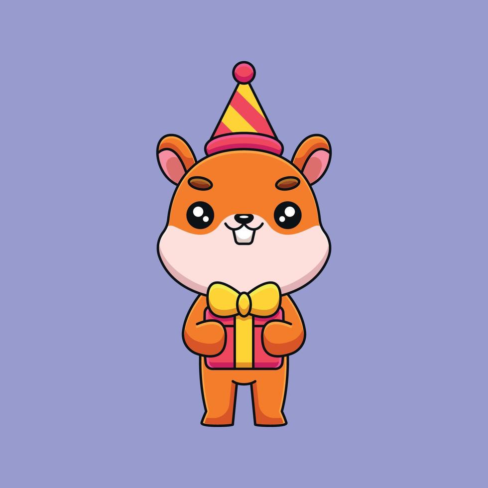 cute birthday squirrel cartoon mascot doodle art hand drawn concept vector kawaii icon illustration