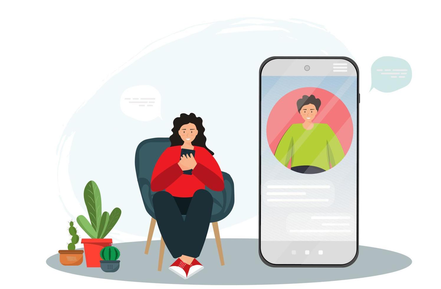 Young woman using mobile app for messaging with her friend, chatting online in messenger app concept, online dating concept, flat vector illustration