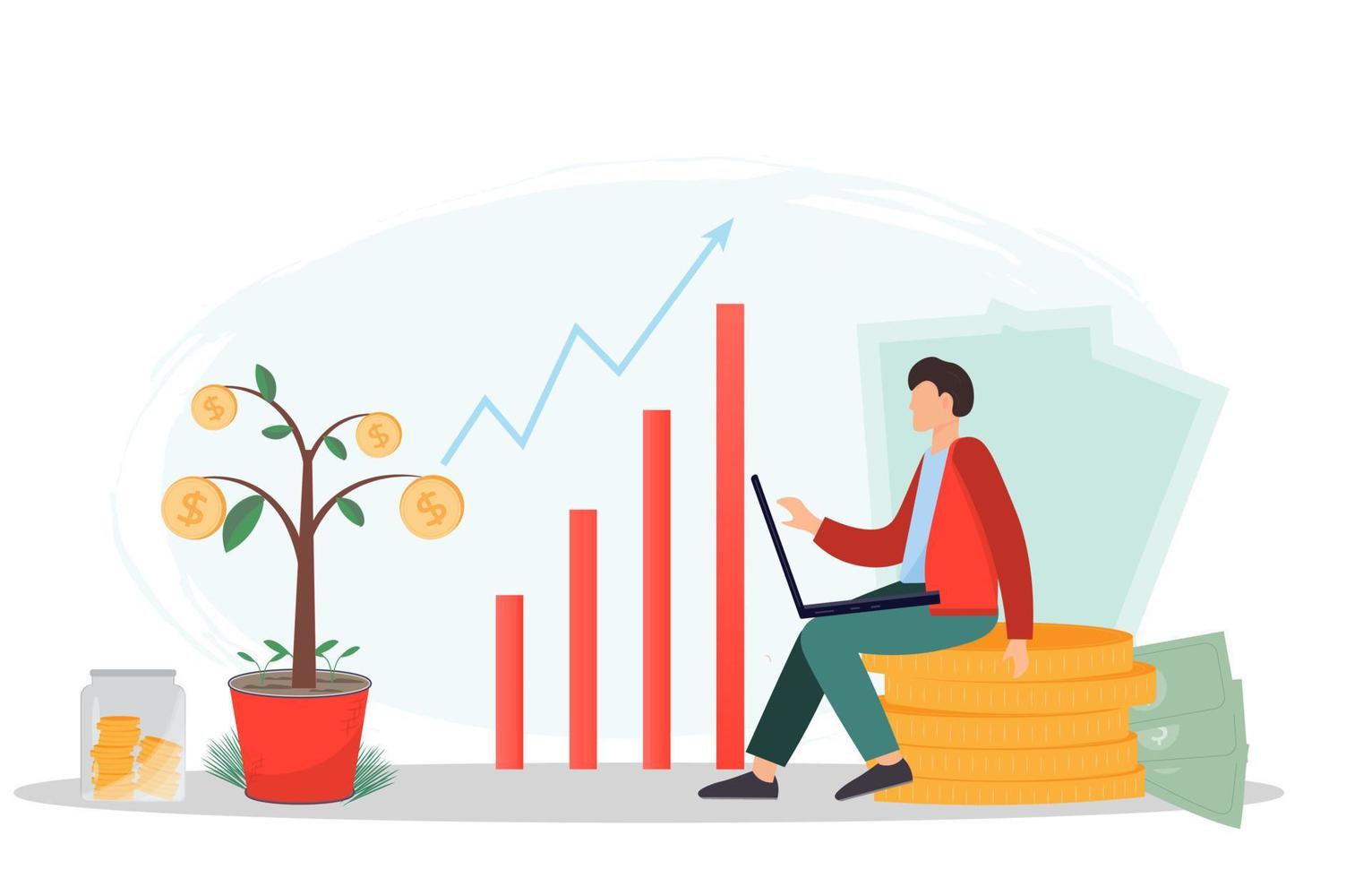 Young man earning money sitting near money tree, investment, family budget, money saving concept, flat vector illustration.