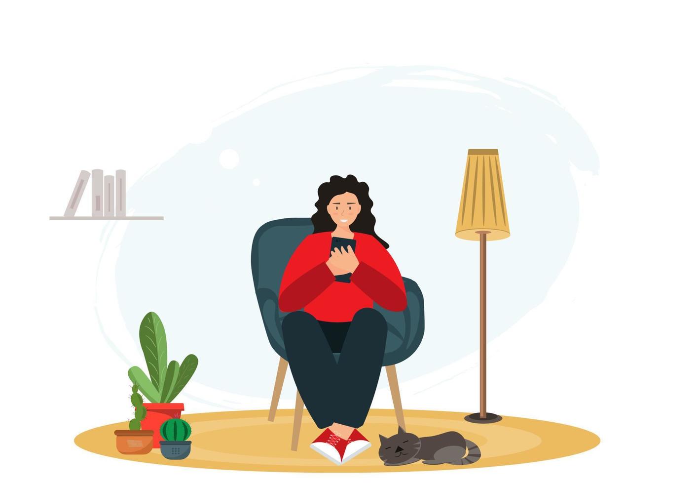 Young woman sitting in armchair with mobile phone, chatting online concept, freelance work concept, domestic life concept, flat vector illustration