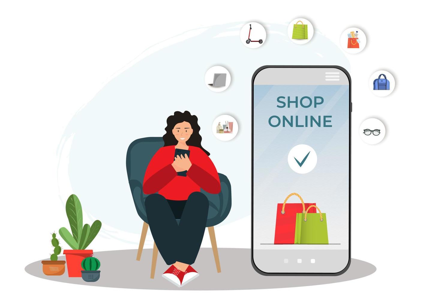 Young woman doing buying online with mobile app, online shopping, online purchase concept, domestic life concept, flat vector illustration