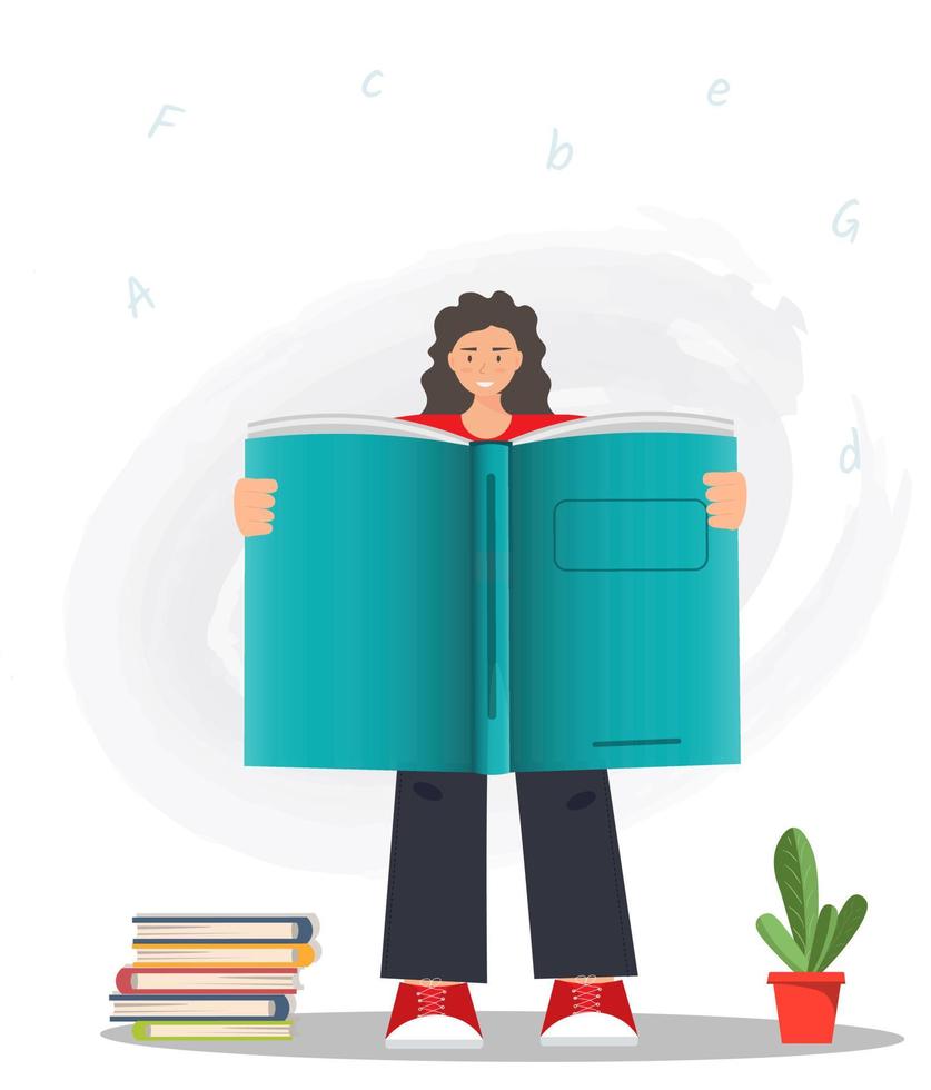Happy young girl, woman or student reading huge book, reading books, education concept, home library concept, reading is power concept, flat vector illustration