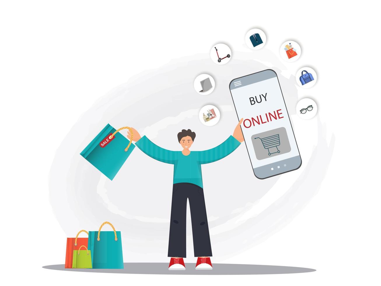 joven haciendo compras en línea con aplicación móvil, compras en línea, concepto de compra en línea, concepto de vida doméstica, ilustración vectorial plana vector