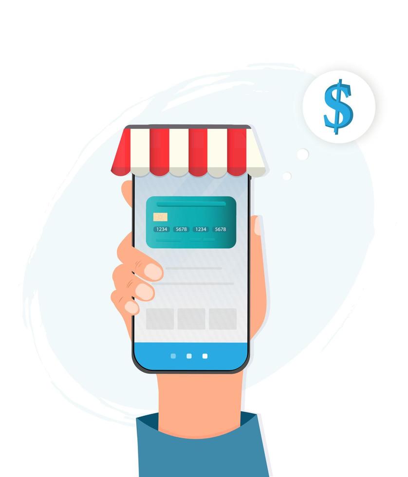 Online payment with credit card for purchase via mobile app in smartphone, hand holding smartphone, online payment concept, online shopping concept, flat vector illustration