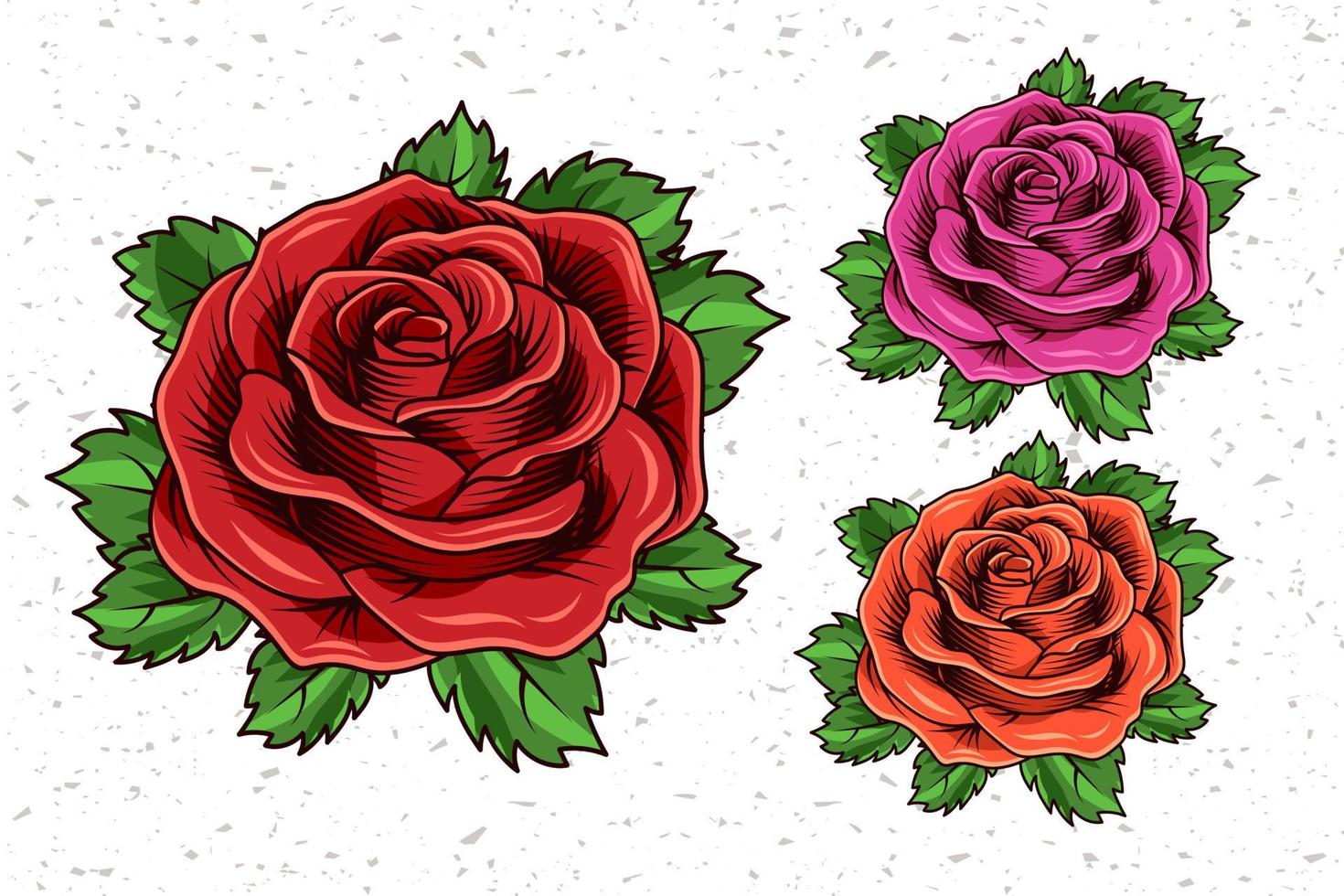 vintage exuberantes rosas rojas, magentas, naranjas con hojas verdes sobre fondo texturizado. estilo de grabado. ilustración vectorial aislada vector