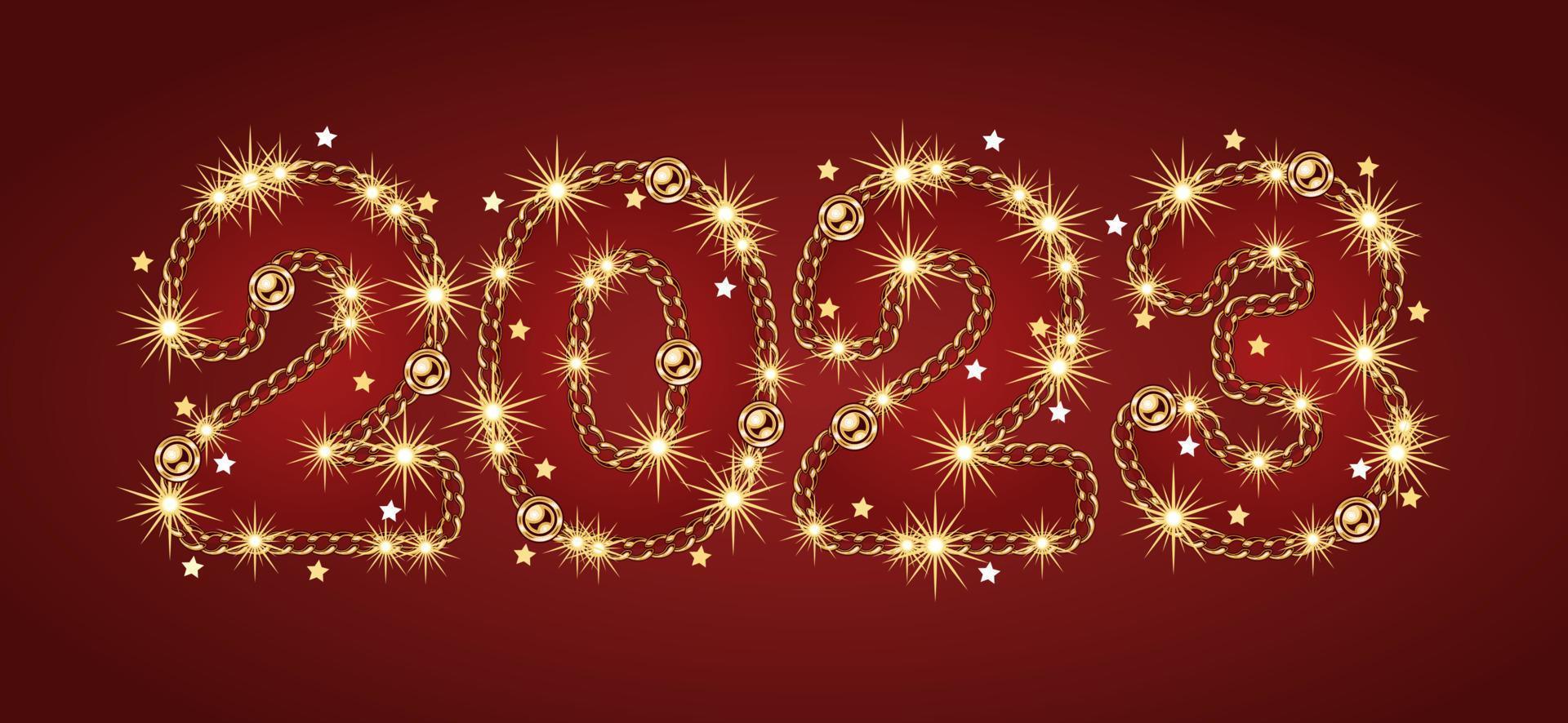 Numbers 2023 made of gold jewelry chains, sparkles, little scattered stars on a red background. No transparency effect. Vector illustration
