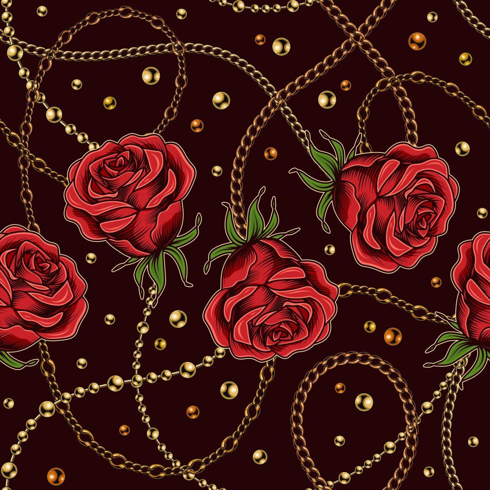 Seamless pattern with red vintage roses, metal chains and beads on dark background. Horizontal composition. Vector illustration.