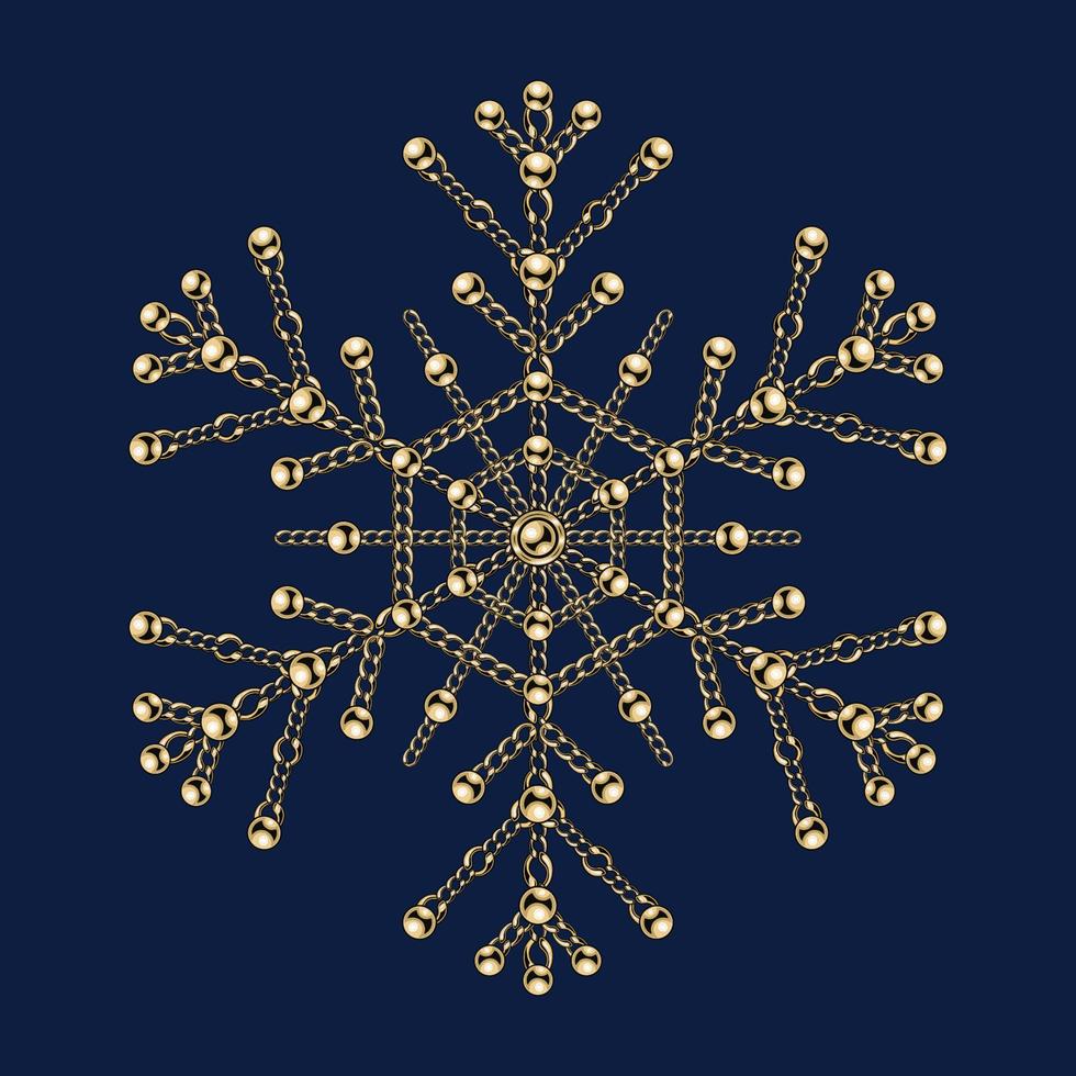Fancy snowflake made of jewelry gold chains with shiny ball beads. Elegant jewel illustration for winter sales, christmas, new year holiday, gift decoration. vector