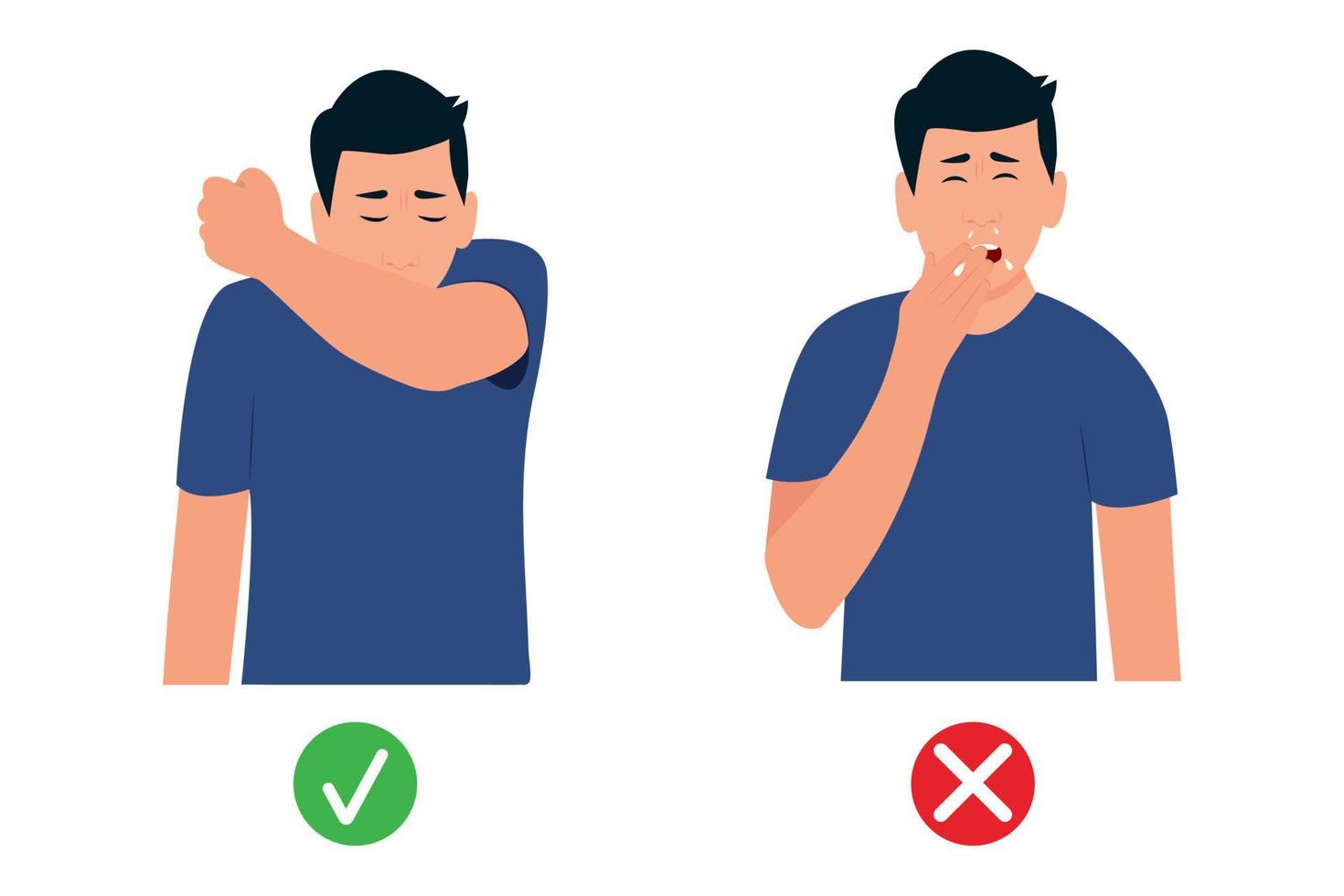 Male character sneezes in elbow .The man does not cover his mouth before sneezing. How to sneeze right. Virus prevention spread. Flat vector illustration.