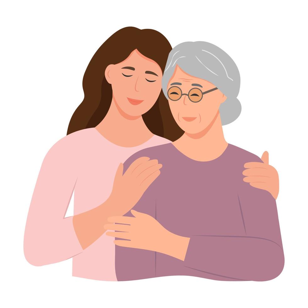 Happy Young woman hugging her old mother with love. Mother and daughter. Mothers day .Portrait of young woman hugging her grandma. Friendly family relationship. vector flat illustration