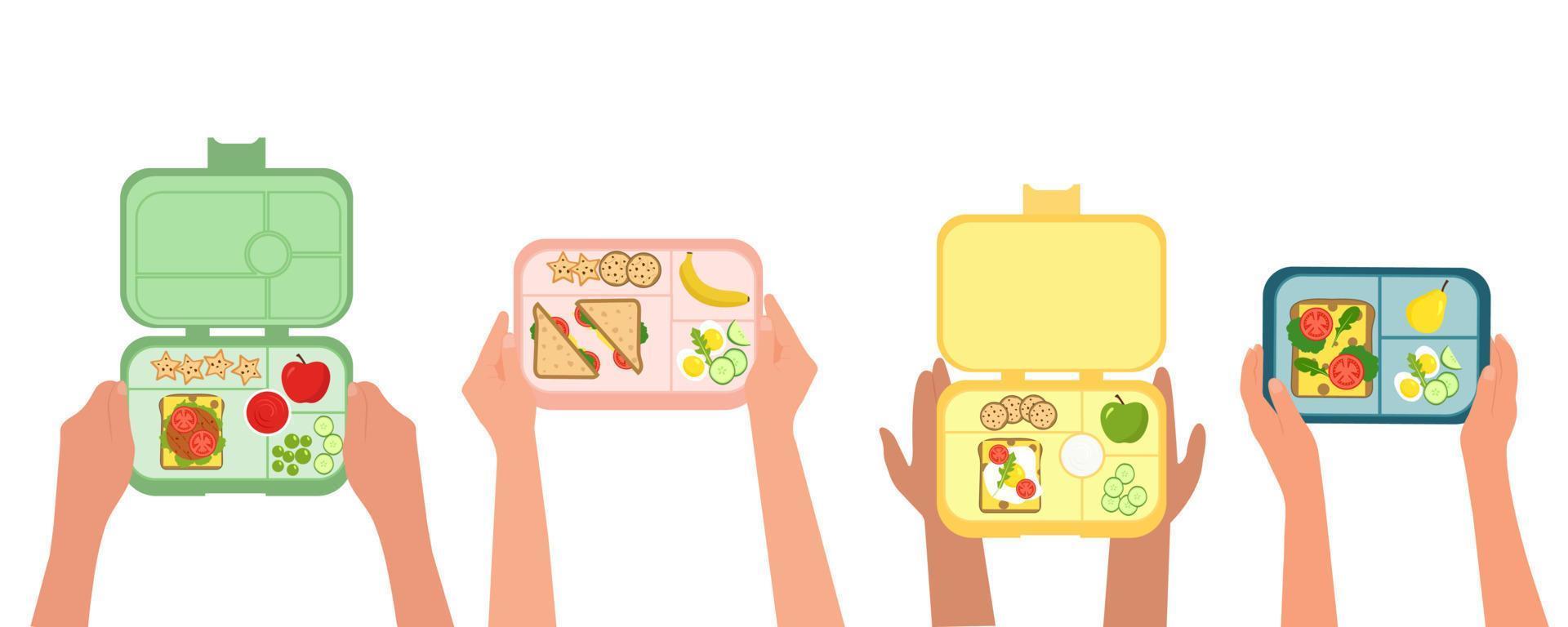 Hands holding up lunch boxes.Healthy meal for kids. Nutrition in school. Breakfast in a plastic box - fruits, sandwiches, cookies, vegetablesillustration in flat style, isolated on white background vector