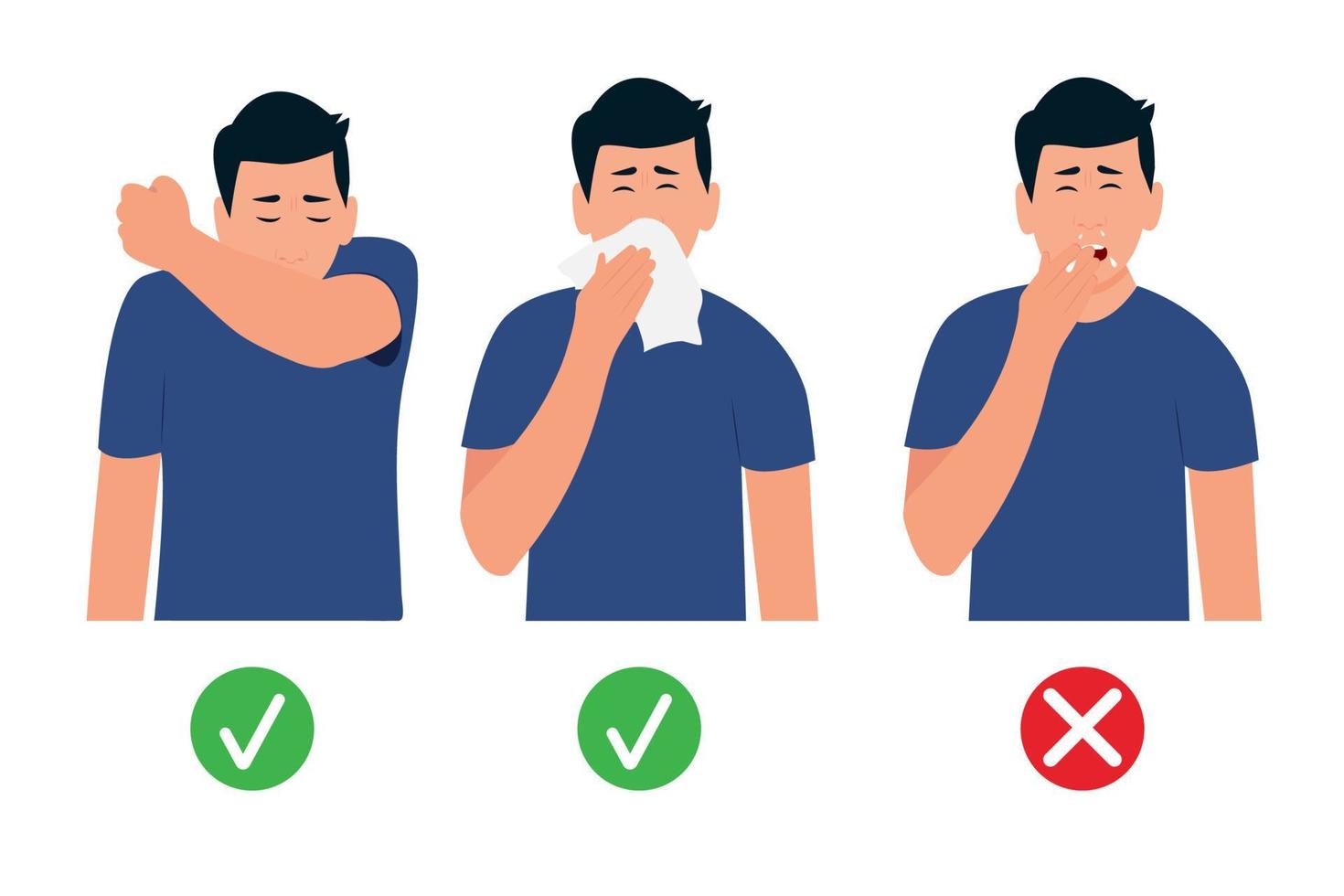 Man sneezes in elbow and napkin.The boy does not cover his mouth before sneezing. How to sneeze right. Virus prevention spread. Flat vector illustration.